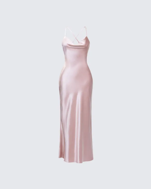 Elspeth Neutral Satin Bias Slip Maxi Dress sold by Finesse