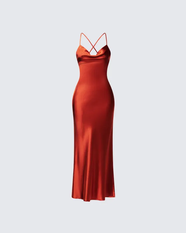 Elspeth Orange Satin Bias Slip Maxi Dress sold by Finesse
