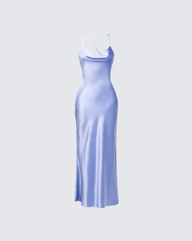 Elspeth Blue Satin Bias Slip Maxi Dress sold by Finesse