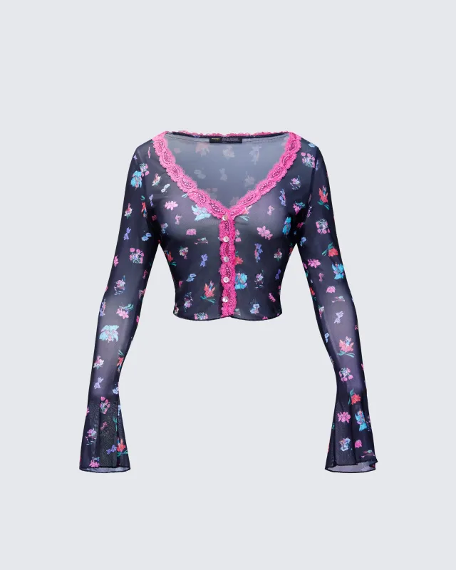 Aurelia Black Printed Mesh Top sold by Finesse