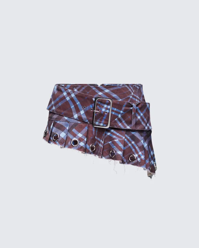 Luxa Brown Printed Denim Eyelet Mini Skirt sold by Finesse