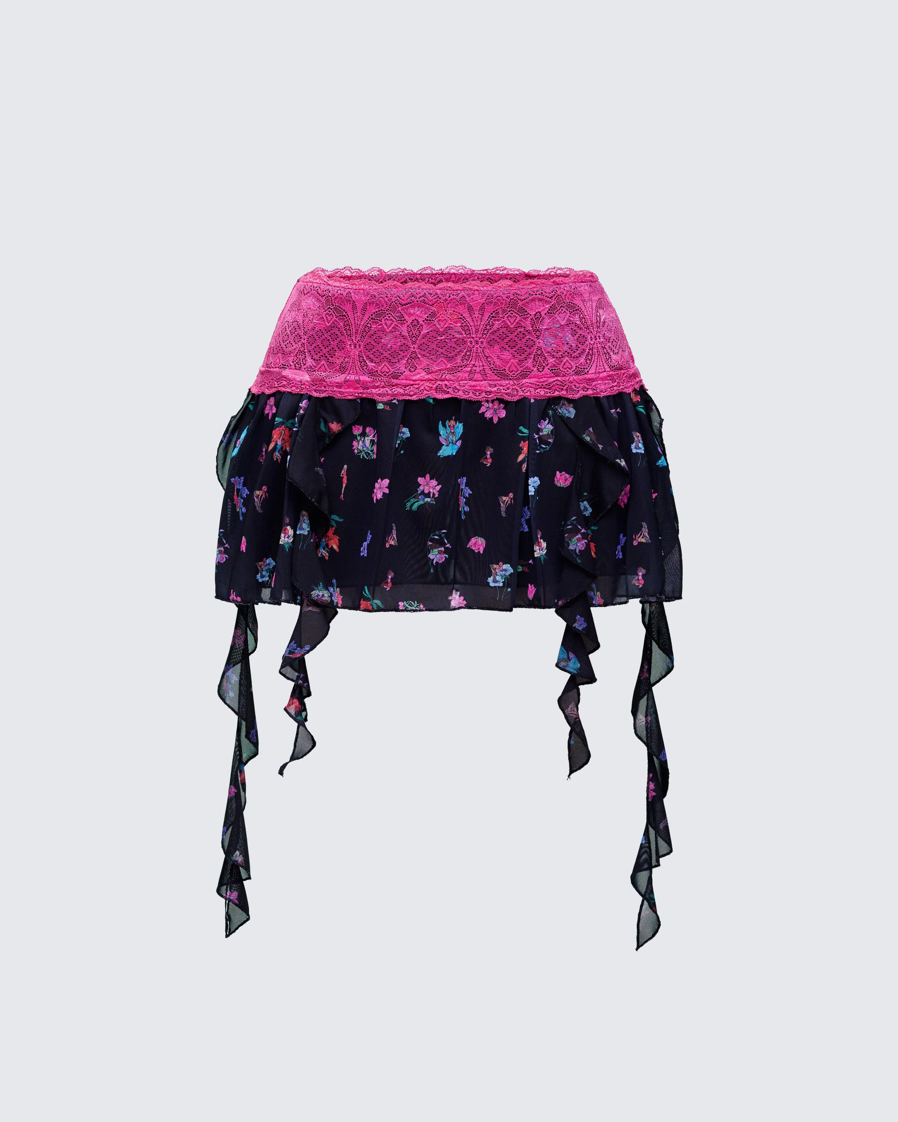 Aurelia Black Printed Mesh Ruffle Mini Skirt sold by Finesse