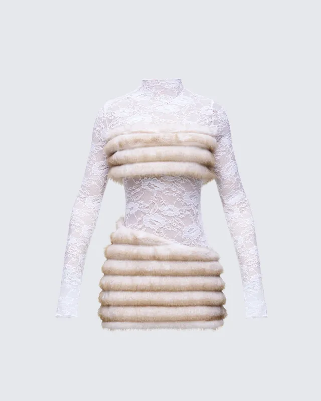 Dianne Cream Faux Fur & Lace Mini Dress sold by Finesse