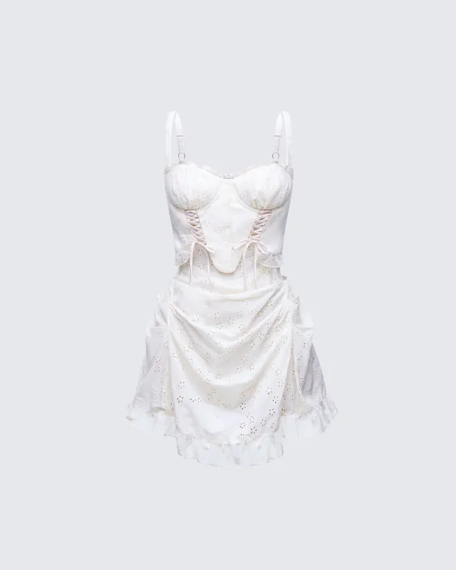 Sallie Ivory Eyelet Corset Mini Dress sold by Finesse
