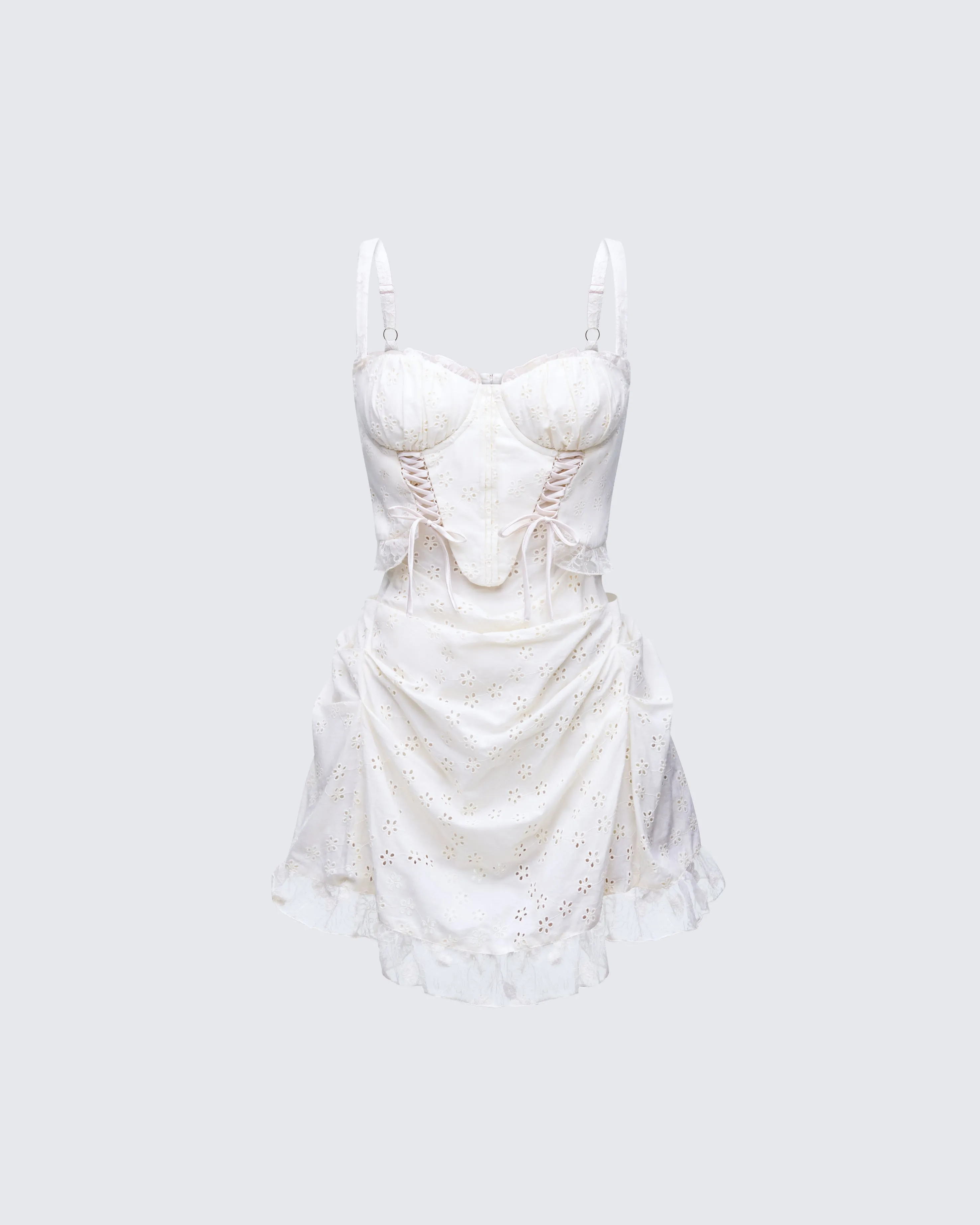 Sallie Ivory Eyelet Corset Mini Dress sold by Finesse