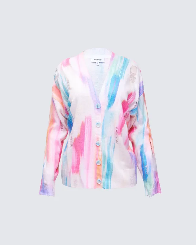 Omie Multi Print Distressed Cardigan sold by Finesse