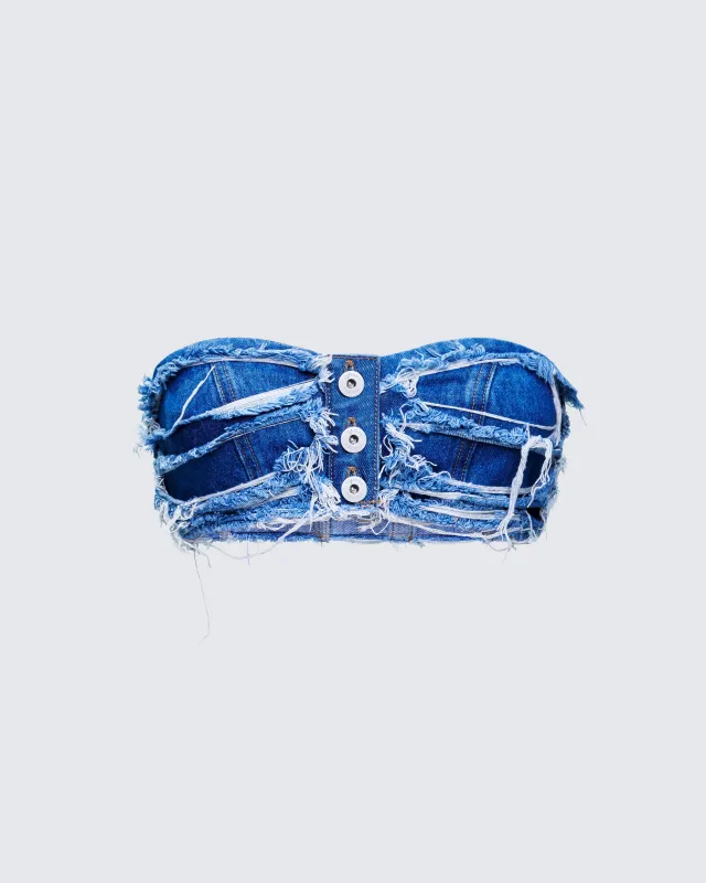 Katria Blue Frayed Denim Bandeau Top sold by Finesse