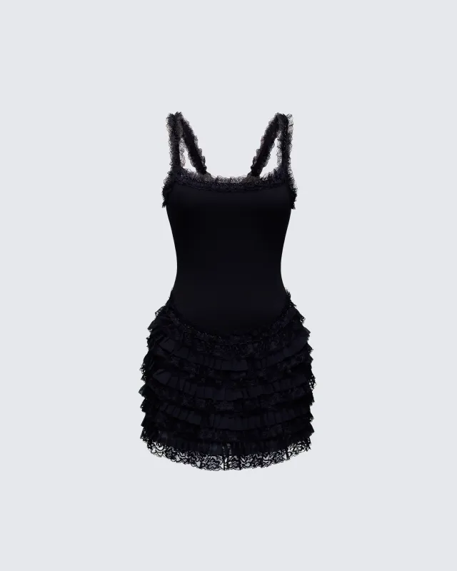Amira Black Ribbed Ruffle Mini Dress sold by Finesse