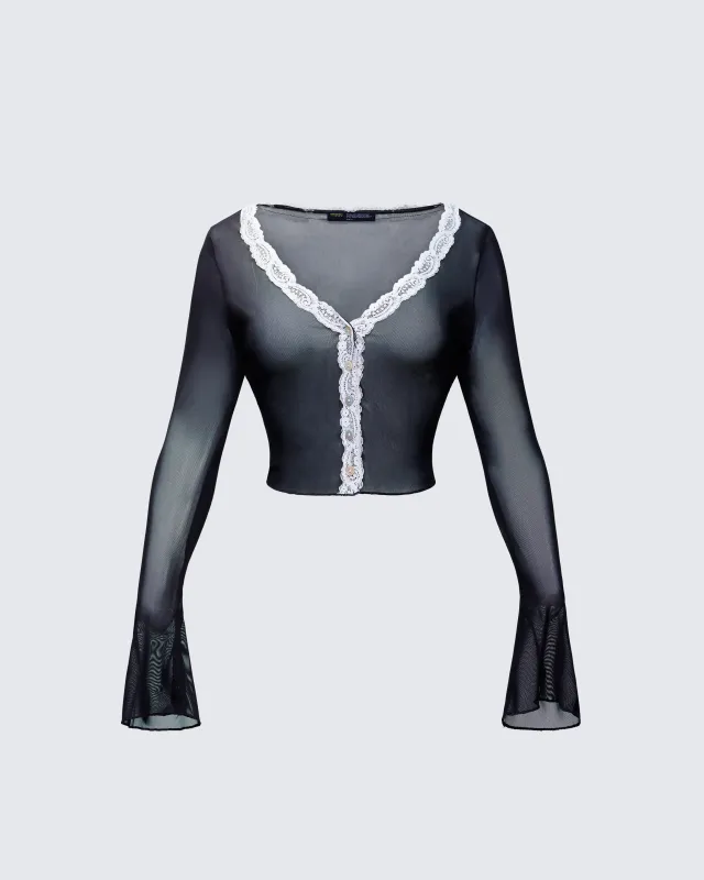 Aurelia Black Long Sleeve Mesh Top made by Finesse