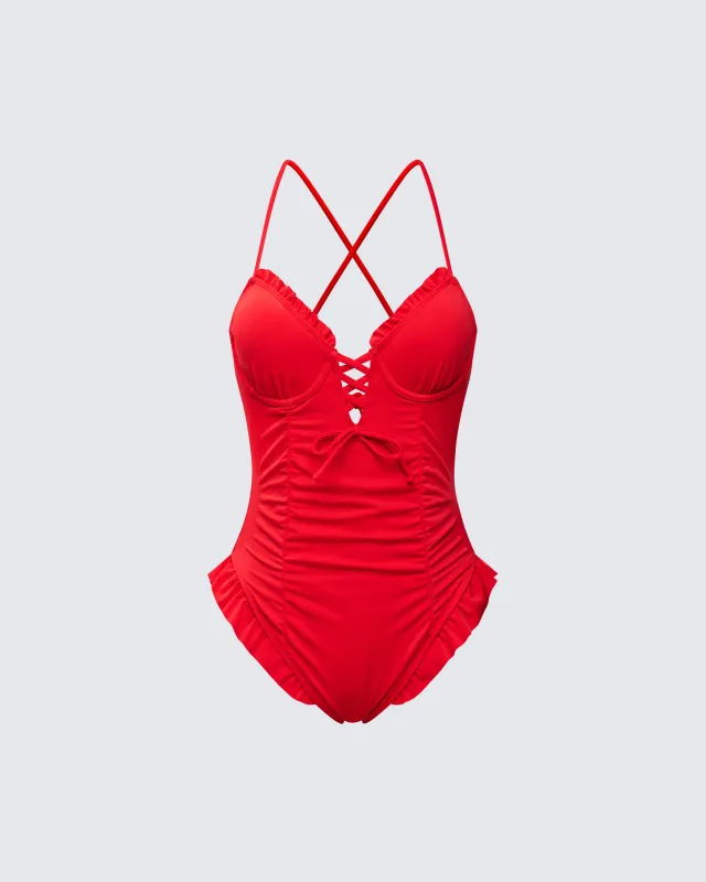 Dimah Red Ruched Frill Swimsuit sold by Finesse