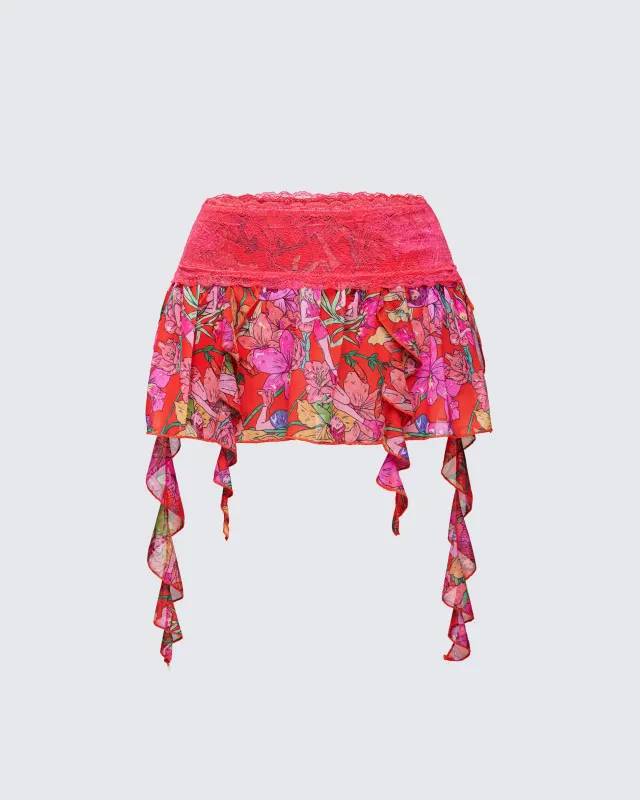 Aurelia Orange Printed Mesh Ruffle Mini Skirt sold by Finesse