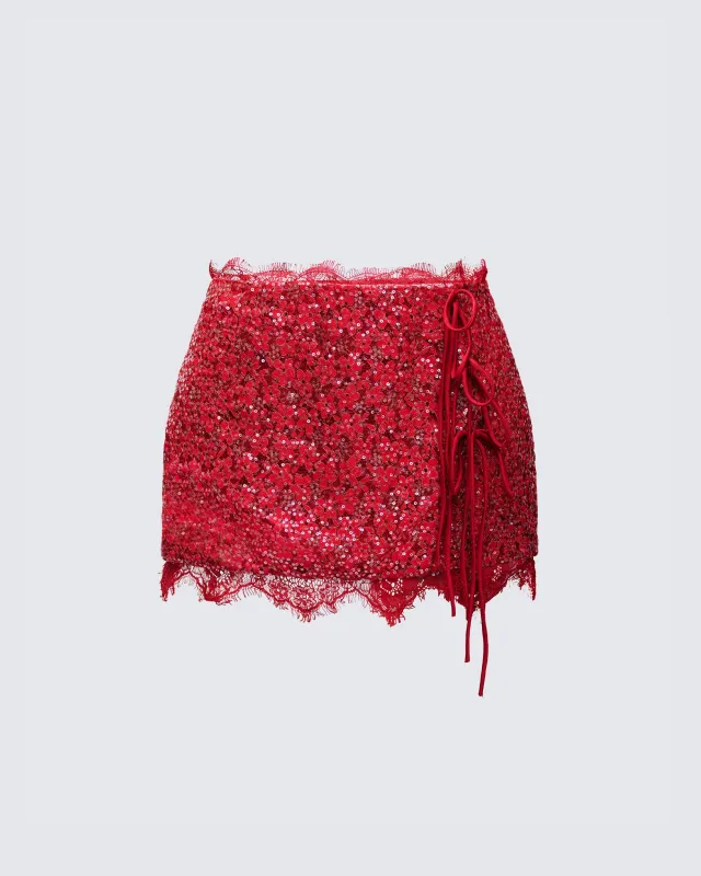 Lucille Red Sequin Tie Mini Skirt sold by Finesse