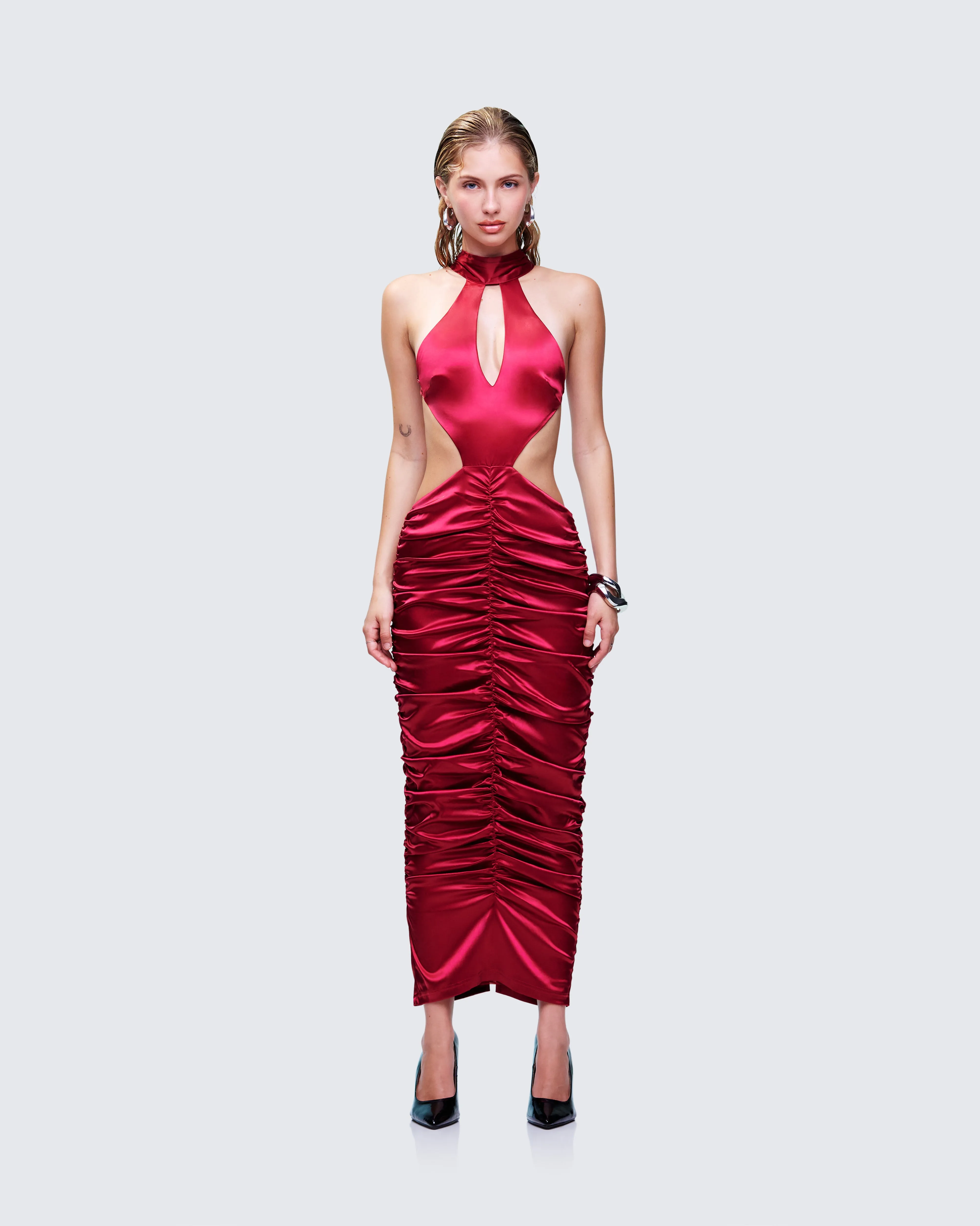 Junia Red Ruched Midi Dress sold by Finesse product image thumbnail 2