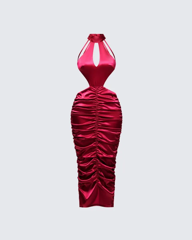 Junia Red Ruched Midi Dress sold by Finesse