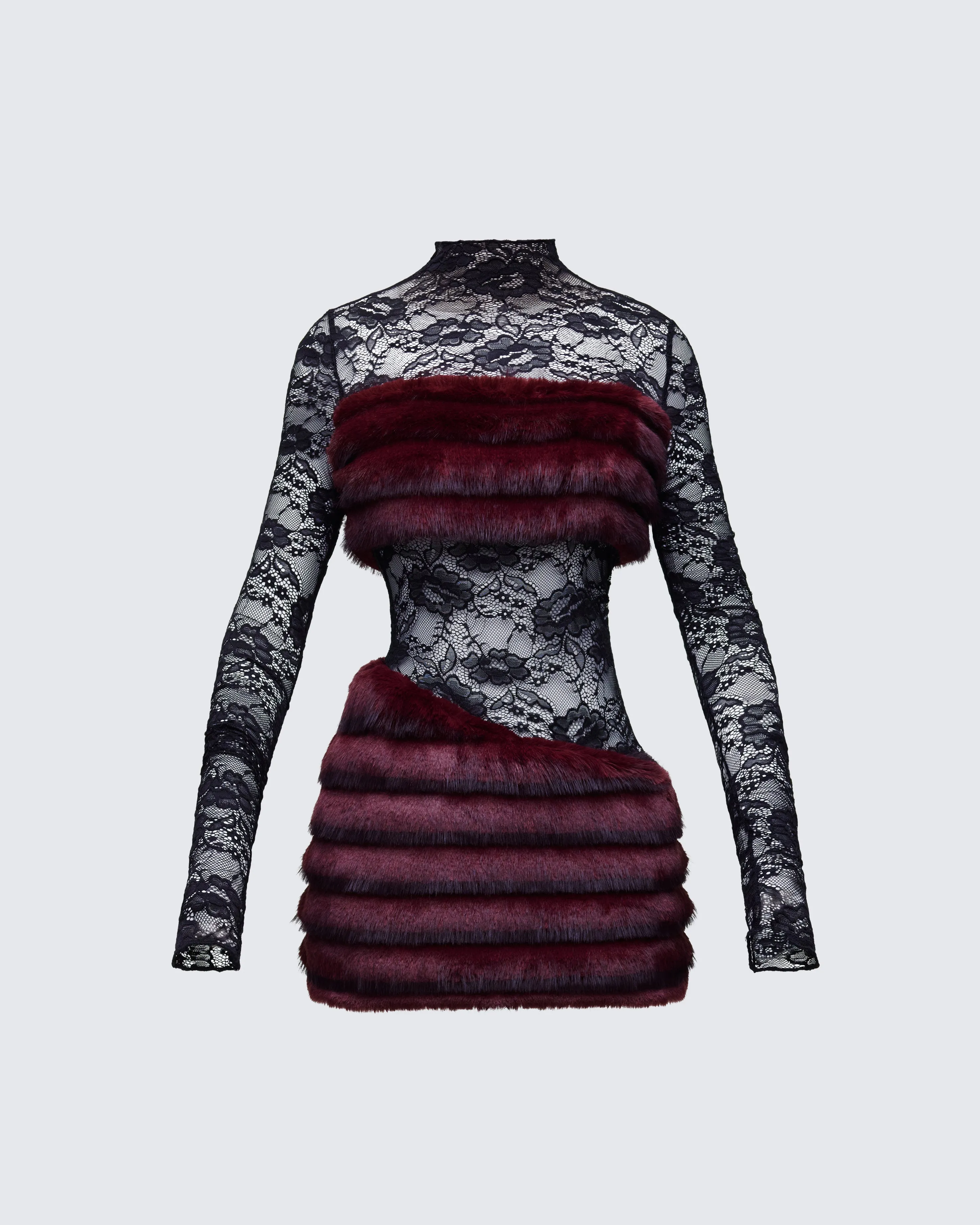 Dianne Red Faux Fur & Lace Mini Dress sold by Finesse