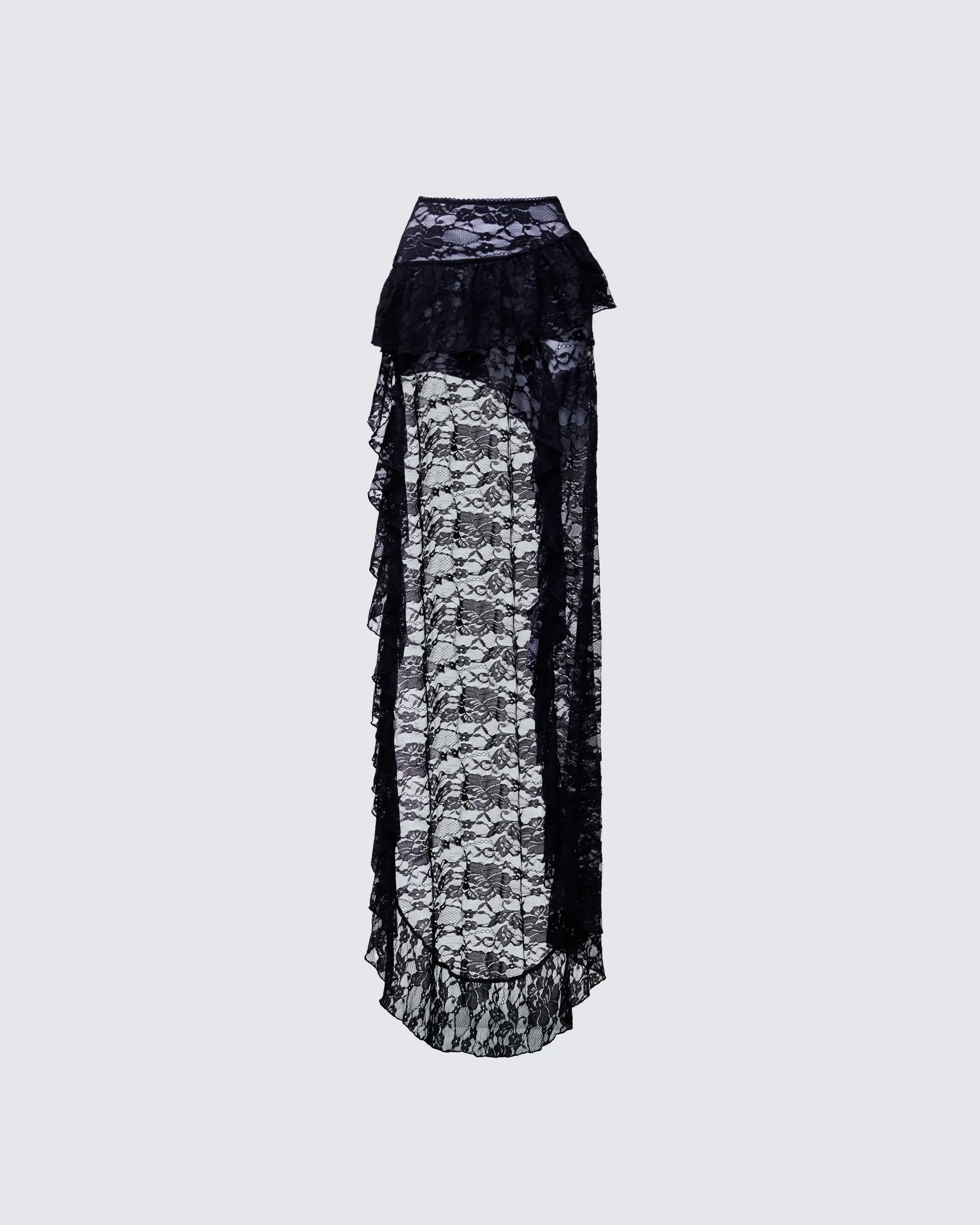 Rina Black Lace Asymmetrical Hem Ruffle Skirt sold by Finesse