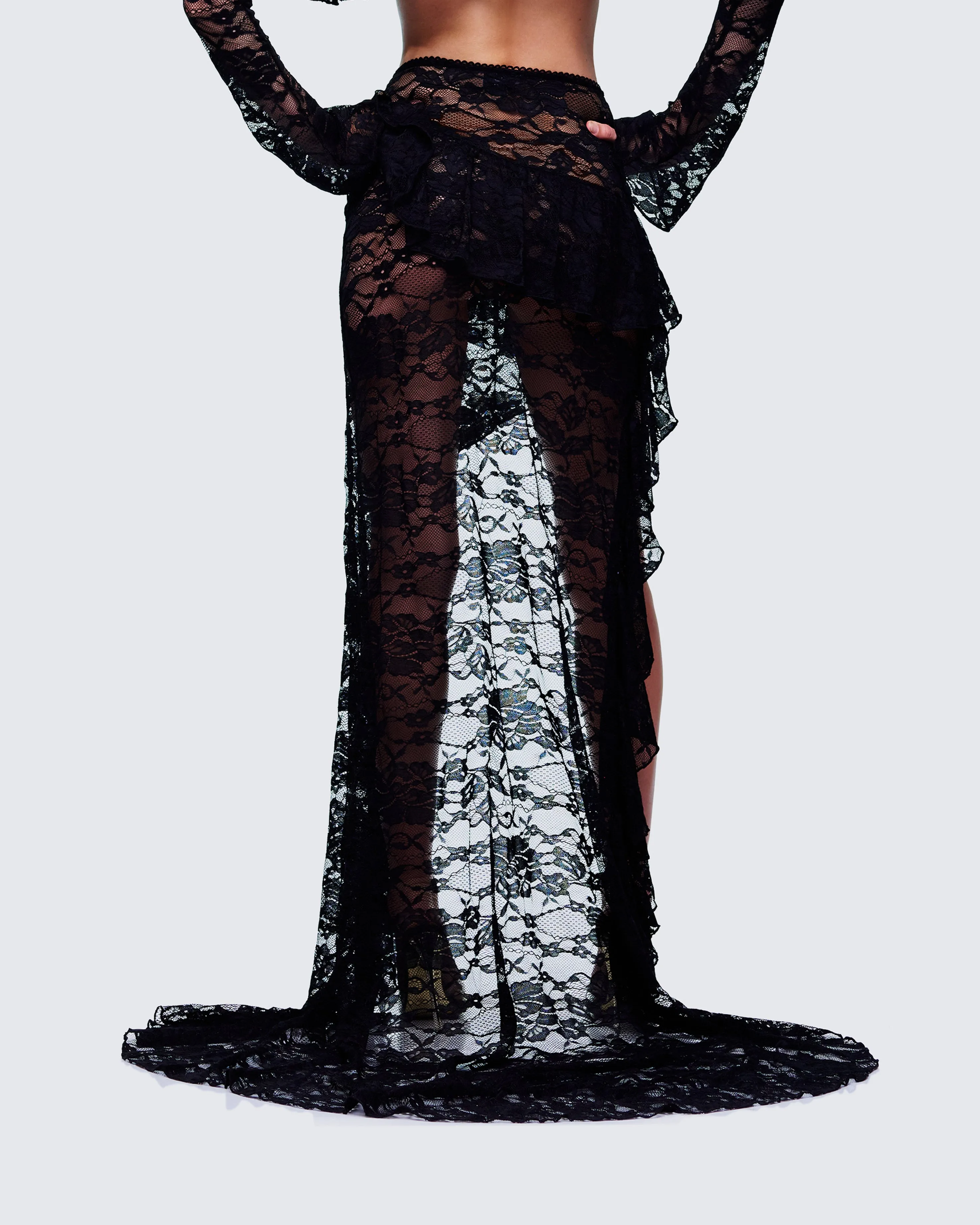 Rina Black Lace Asymmetrical Hem Ruffle Skirt sold by Finesse product image thumbnail 4