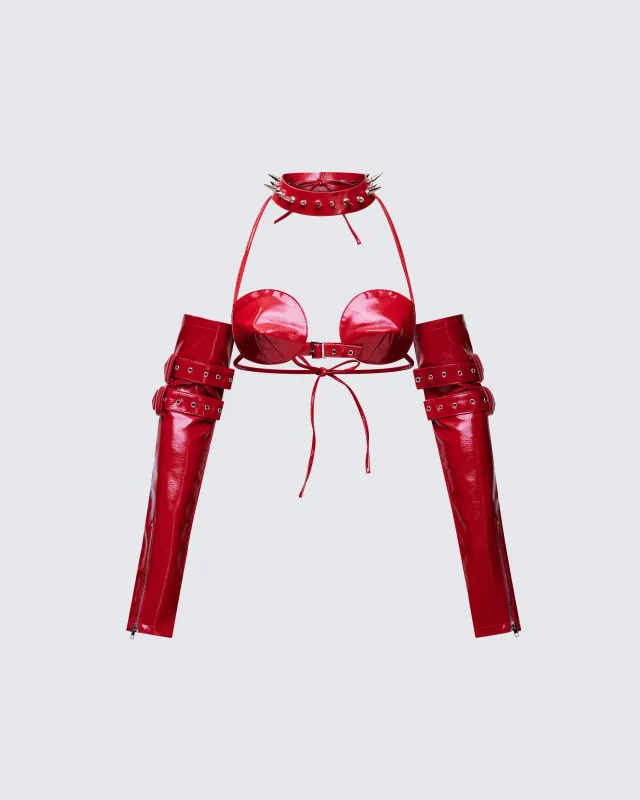Zaynah Red Vinyl Cone Cup Bra, Choker & Gloves sold by Finesse