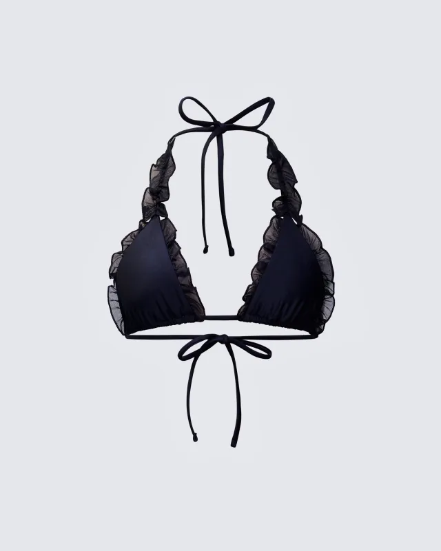 Monroe Black Ruffle Bikini Top sold by Finesse