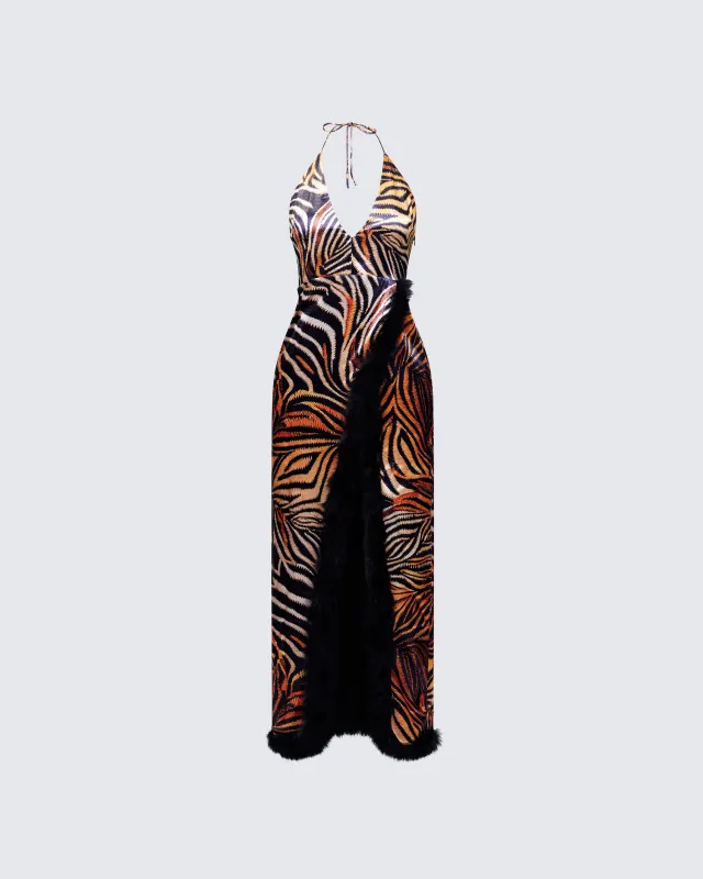 Ursula Orange Printed Wrap Maxi Dress sold by Finesse