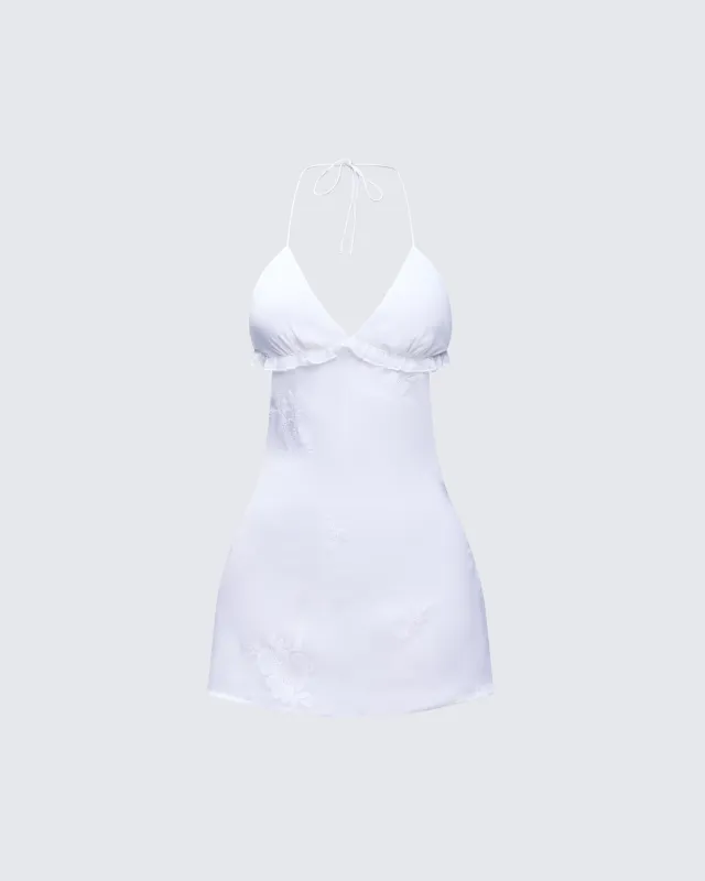 Navi Ivory Embroidered Open Back Mini Dress sold by Finesse