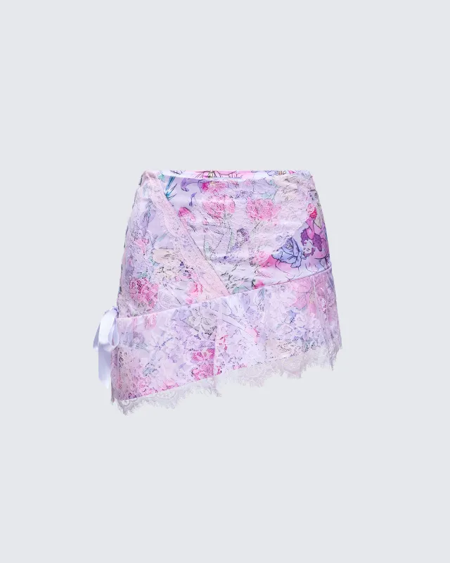 Josette Lilac Satin Printed Lace Up Skirt sold by Finesse