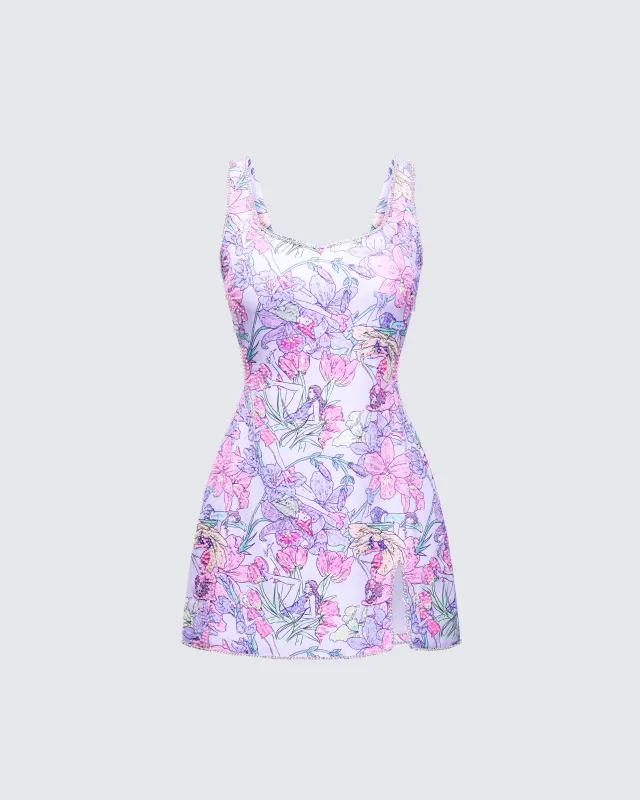 Seraphina Lilac Printed Embellished Mini Dress sold by Finesse