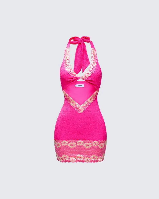Rinna Pink Lace Cut Out Mini Dress sold by Finesse