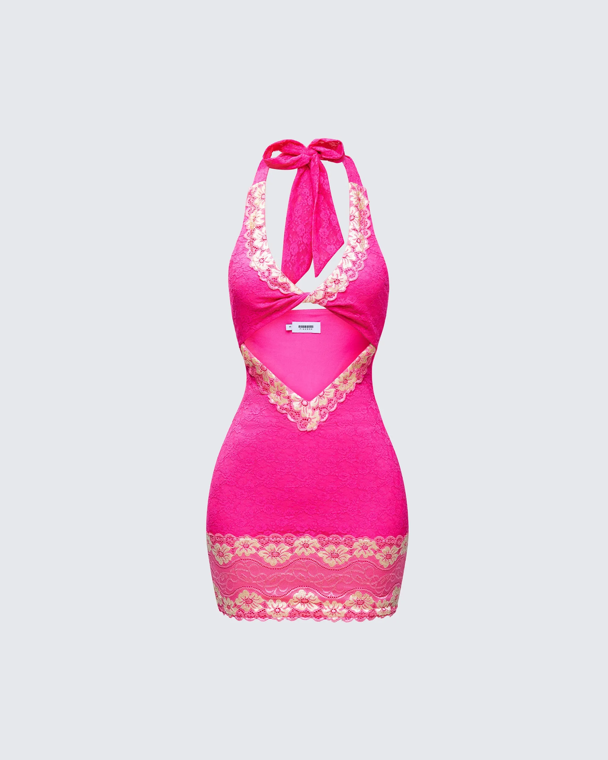 Rinna Pink Lace Cut Out Mini Dress sold by Finesse