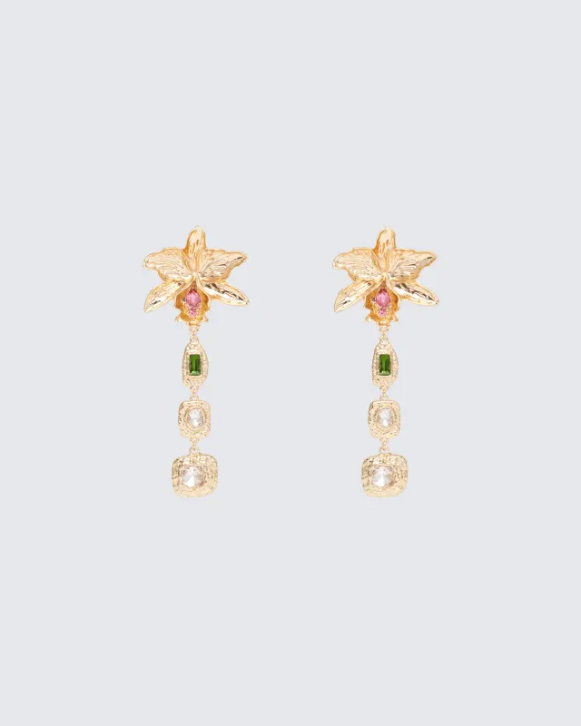 Yasmeen Gold Tropical Flower Drop Earrings made by Finesse
