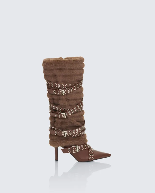 Namira Brown Fur Knee High Buckle Strapped Boot sold by Finesse