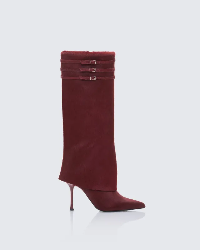 Tammy Burgundy Real Leather Pony Fold Over Boots made by Finesse