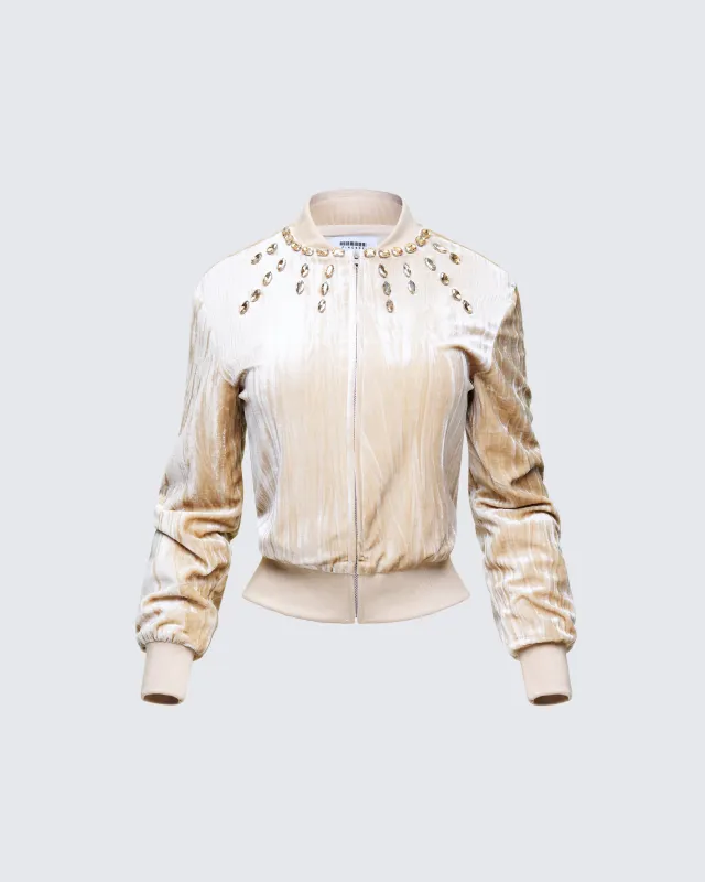 Runa Beige Velour Embellished Jacket made by Finesse