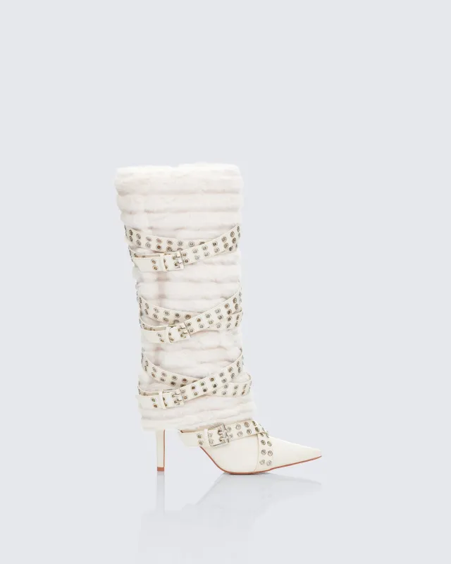 Namira Cream Fur Knee High Buckle Strapped Boot sold by Finesse