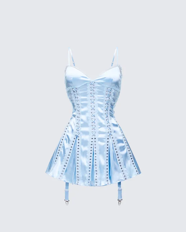 Effie Blue Satin Lace Up Mini Dress made by Finesse