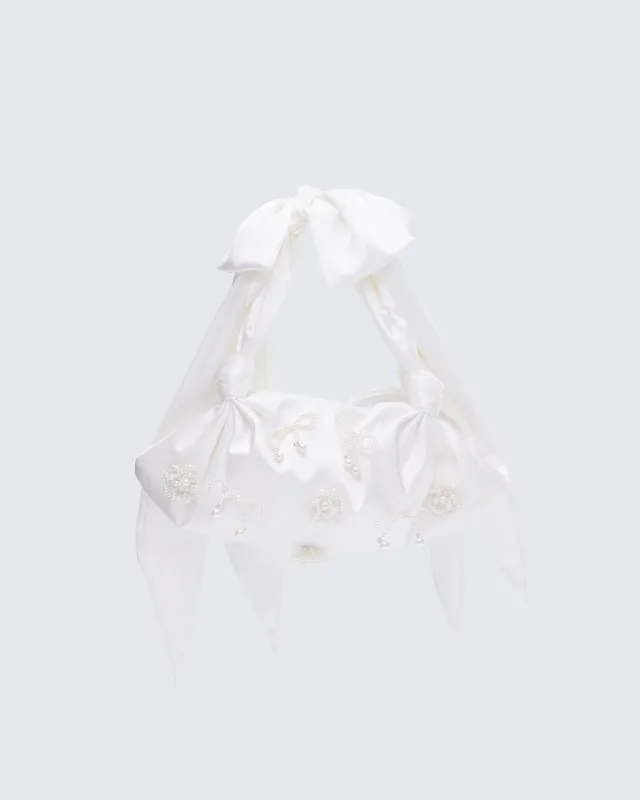 Kymani White Satin Bag with Pearl Detail sold by Finesse