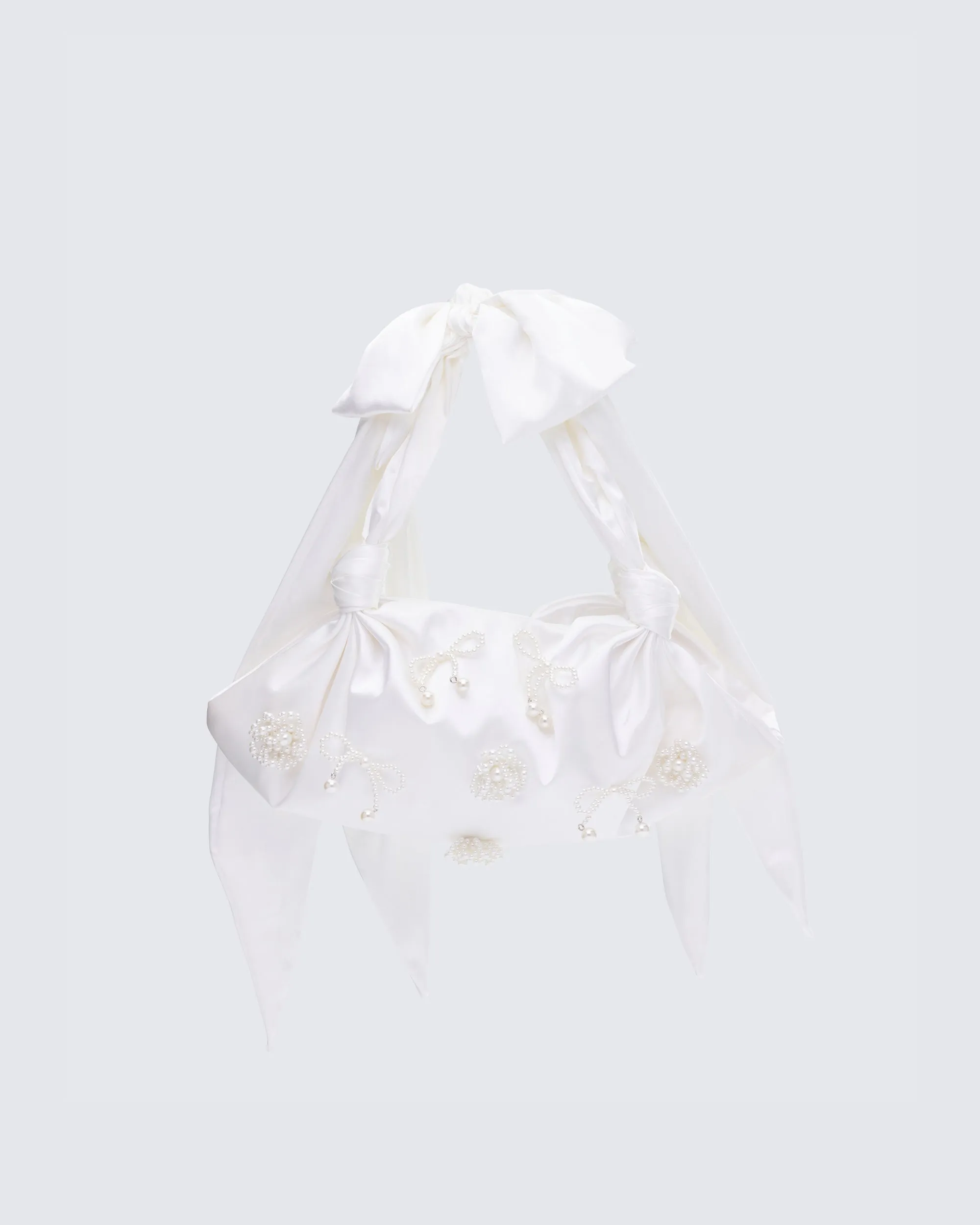 Kymani White Satin Bag with Pearl Detail sold by Finesse