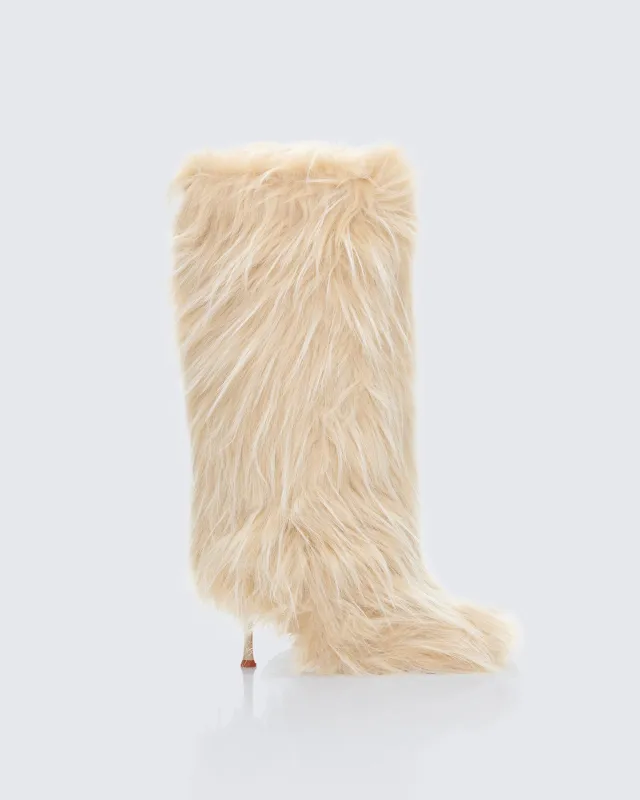 Kendall Off White Fur XXL Yetti Heeled Boot sold by Finesse