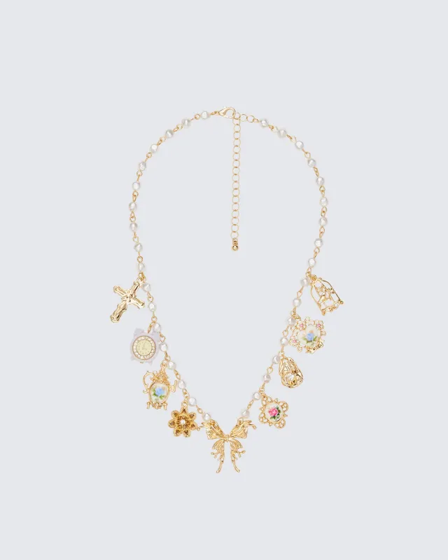 Kathleen Gold Multi Charm Pearl Necklace sold by Finesse