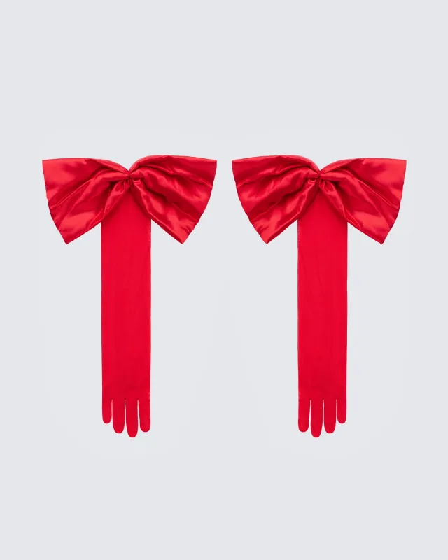 Ethel Red Satin Opera Glove With Oversized Bow sold by Finesse