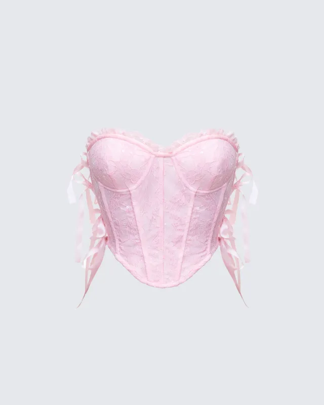 Cinday Pink Sequin Side Tie Corset made by Finesse
