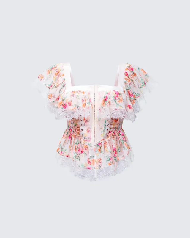 Aroa Ivory Floral Print Peplum Top made by Finesse