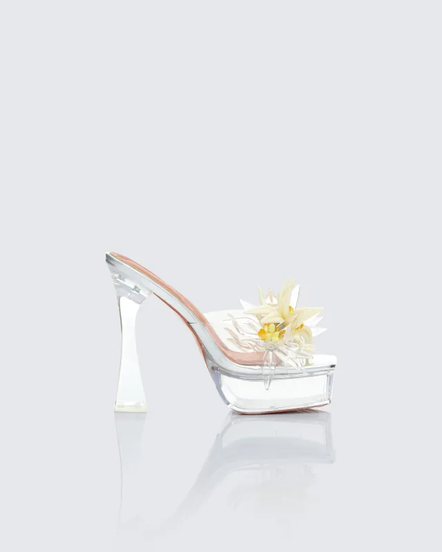 Poppy Clear Perspex Platform With Flower Detail sold by Finesse