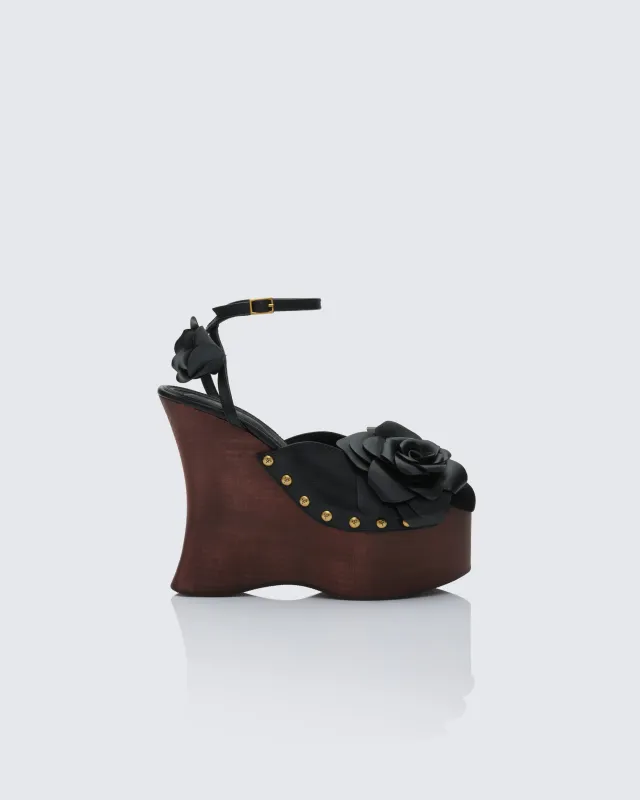 Elyanna Black Corsage Wooden Wedges made by Finesse