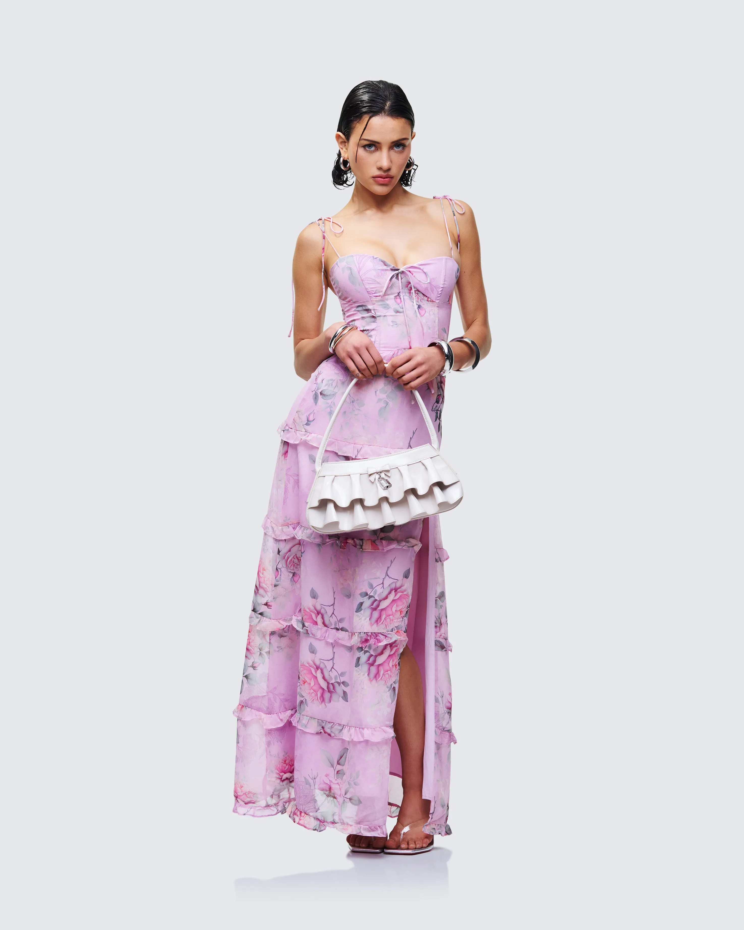 Aven Multi Printed Satin Ruffle Maxi Dress sold by Finesse product image thumbnail 4