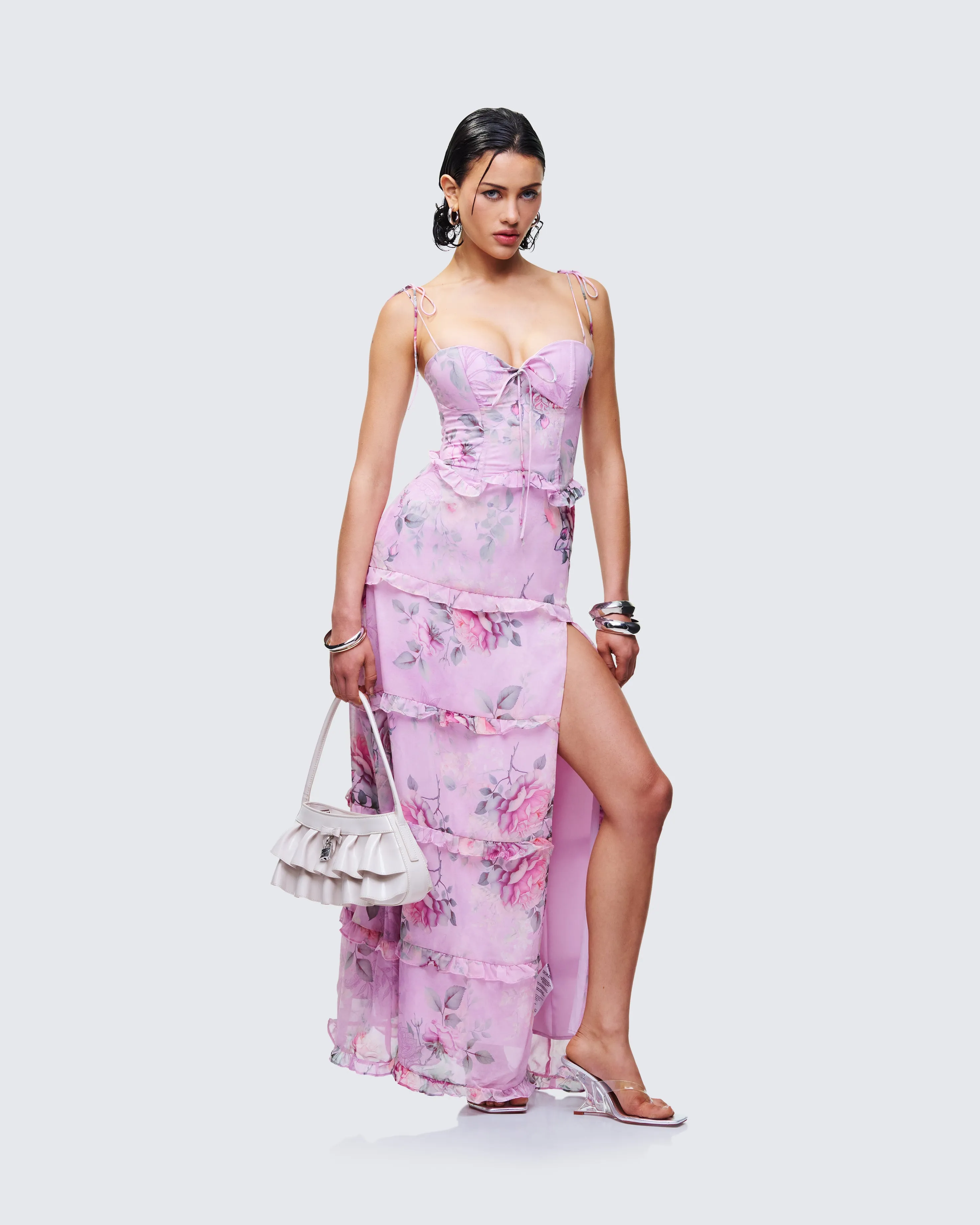 Aven Multi Printed Satin Ruffle Maxi Dress sold by Finesse product image thumbnail 3
