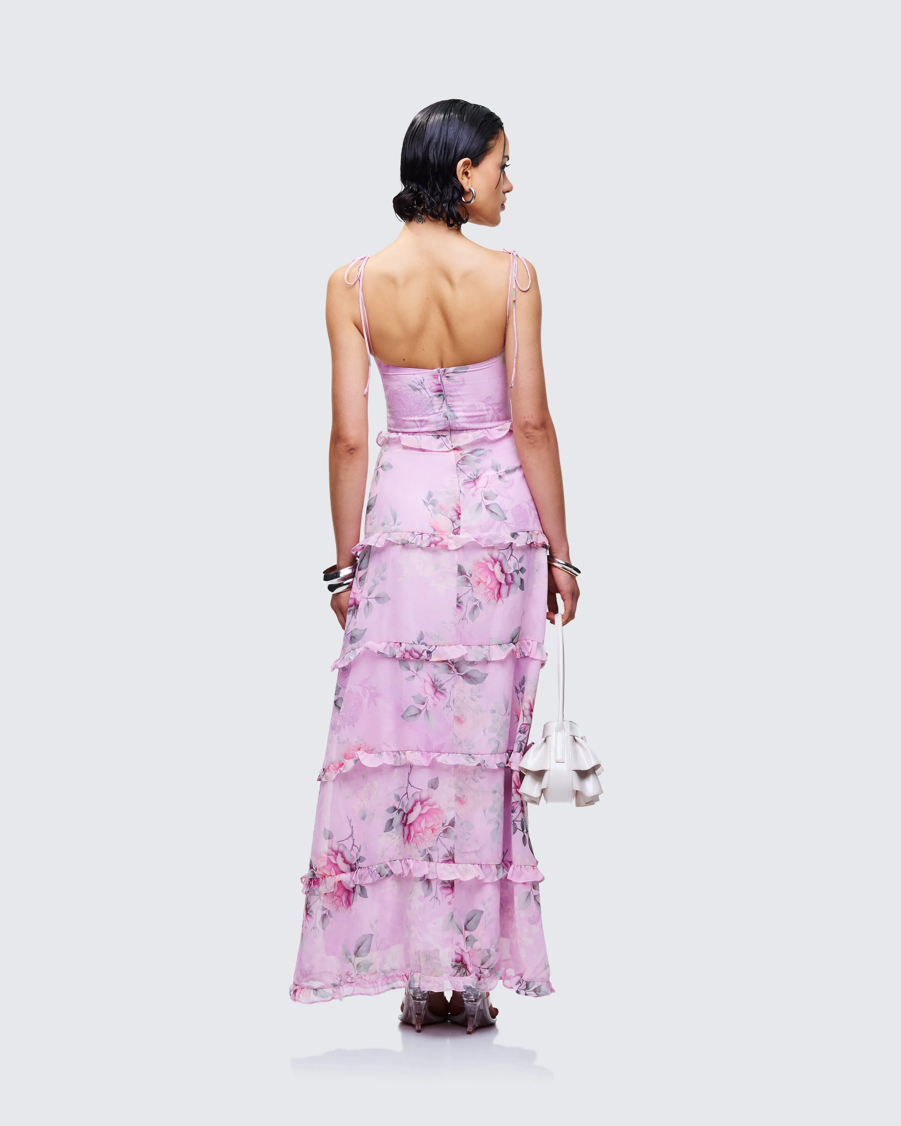 Aven Multi Printed Satin Ruffle Maxi Dress sold by Finesse product image thumbnail 5