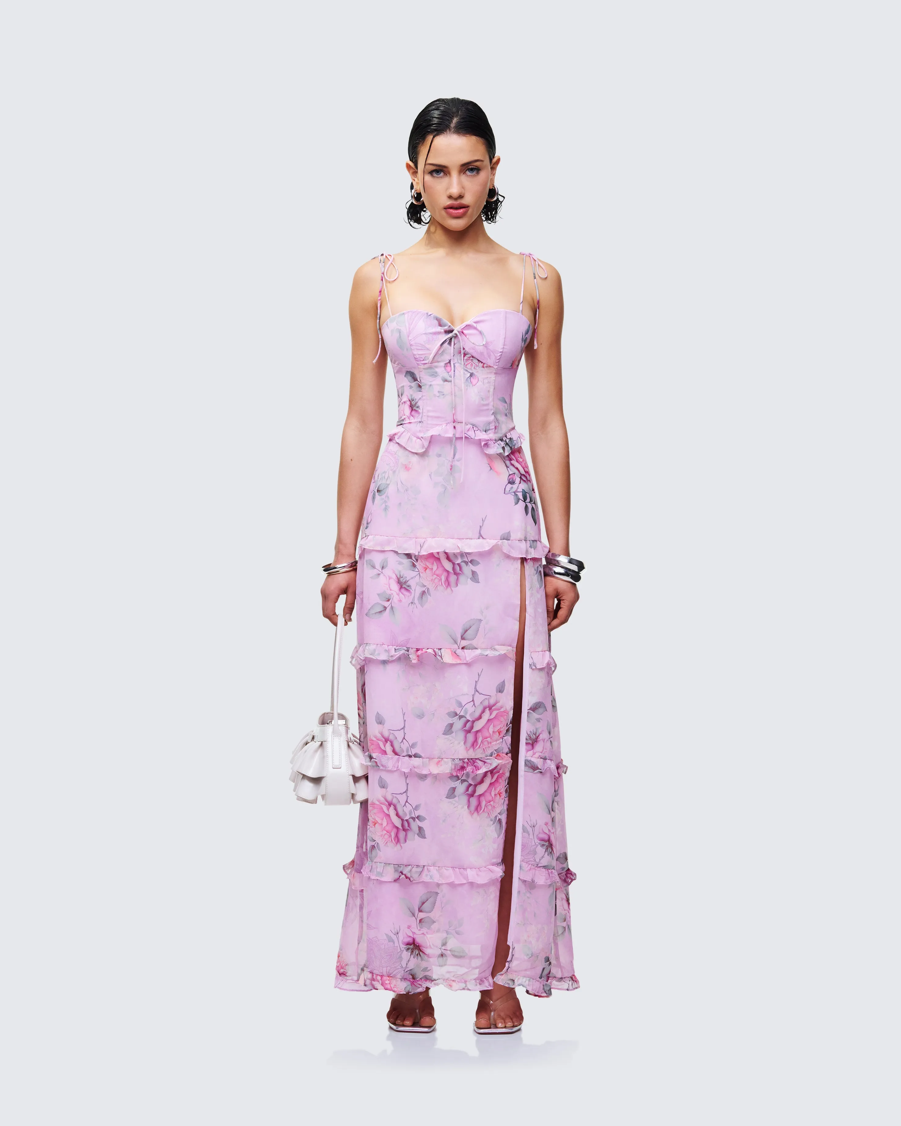 Aven Multi Printed Satin Ruffle Maxi Dress sold by Finesse product image thumbnail 2