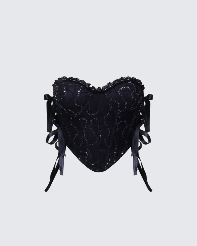 Cinday Black Sequin Side Tie Corset made by Finesse