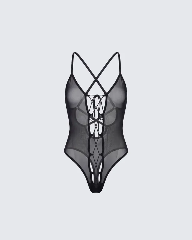 Autumn Black Mesh Lace Up Bodysuit sold by Finesse